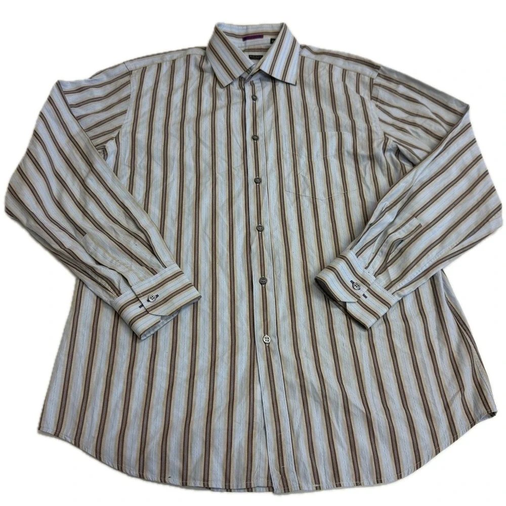 Paul Smith Shirt Mens 17 Blue Brown Striped Button Up Designer Made In Italy‎